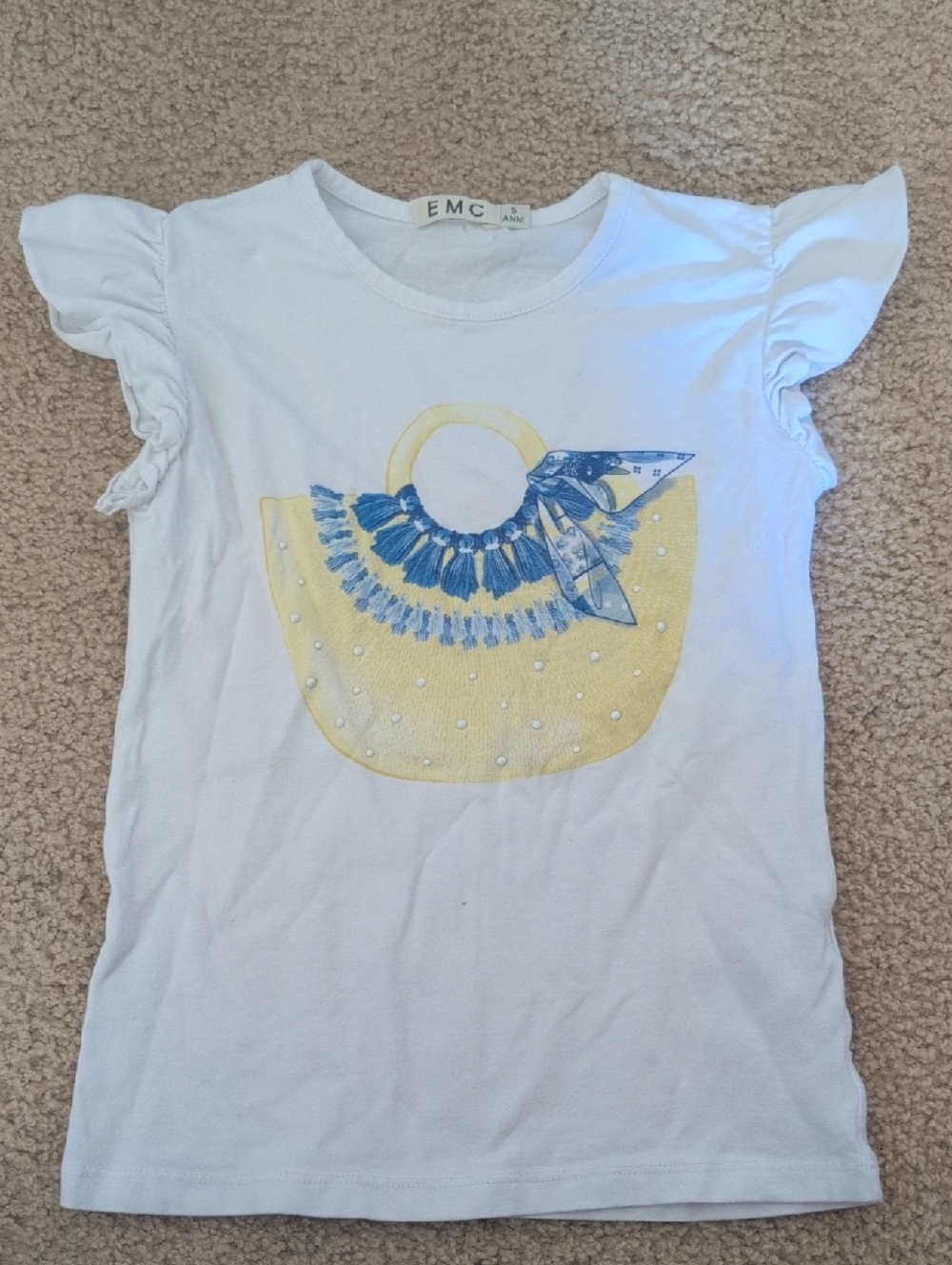 White Short Sleeve Girls' Tee with Yellow & Blue Bag Graphic